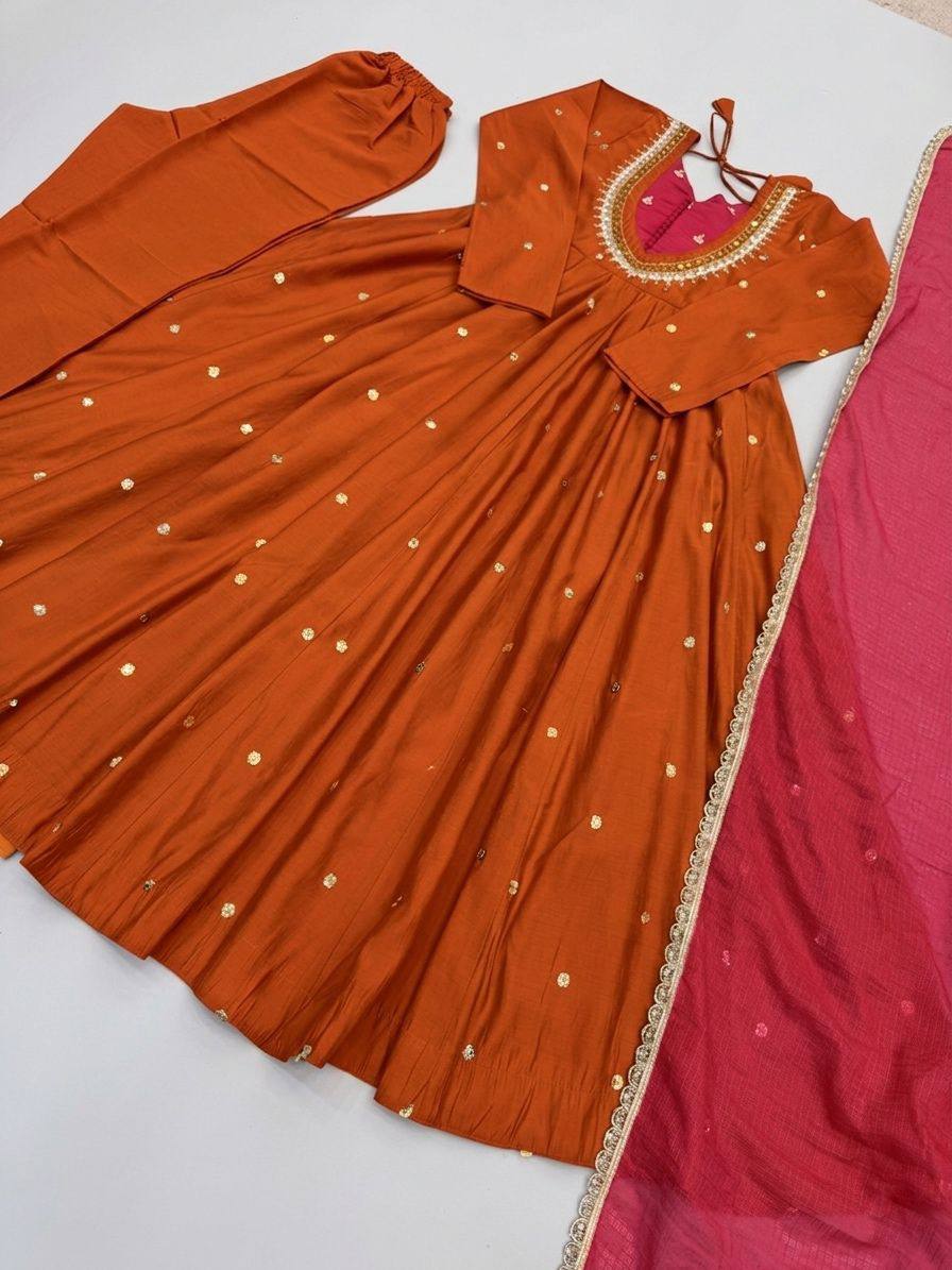 Raksha Bandhan Special Embroidered Anarkali Suit Set with Real Mirror Work