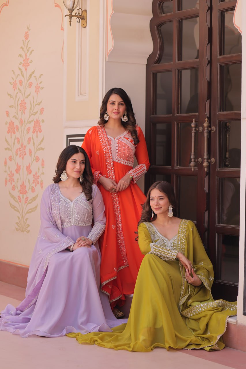 Premium Star Georgette Embroidered Gown with Dupatta Set