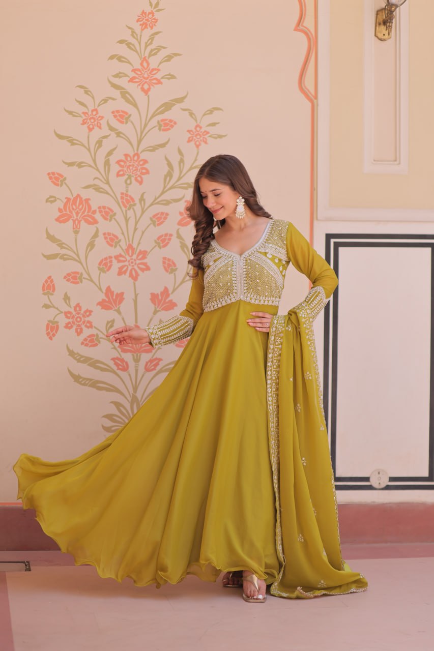 Premium Star Georgette Embroidered Gown with Dupatta Set