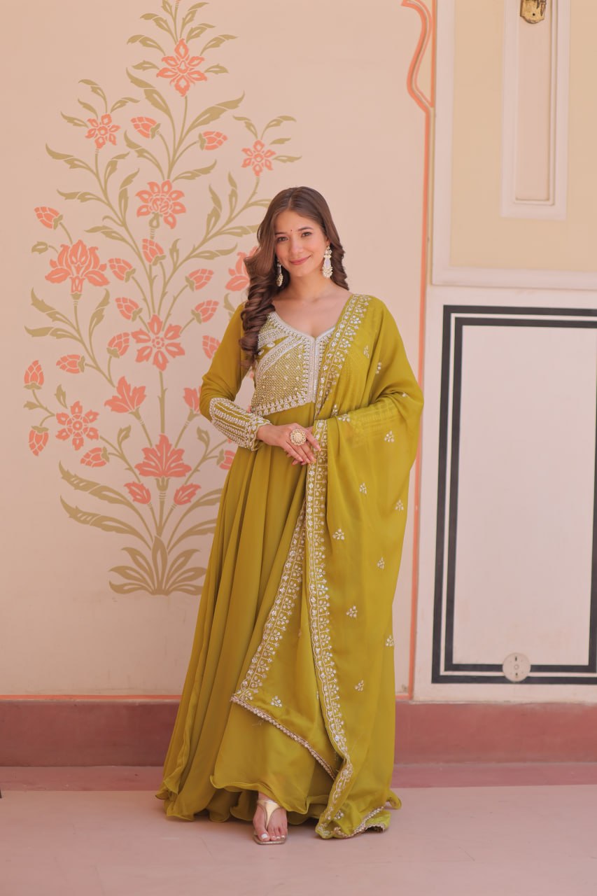 Premium Star Georgette Embroidered Gown with Dupatta Set