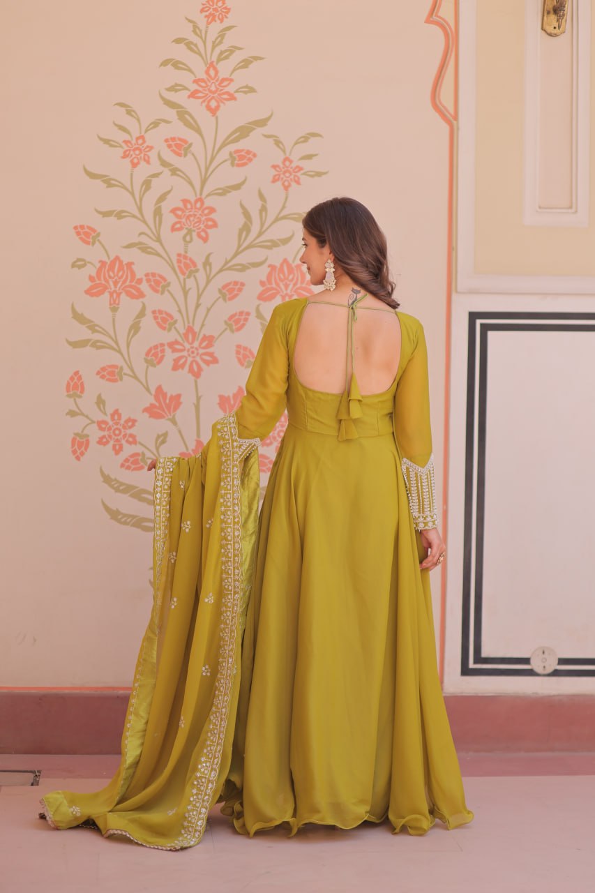 Premium Star Georgette Embroidered Gown with Dupatta Set