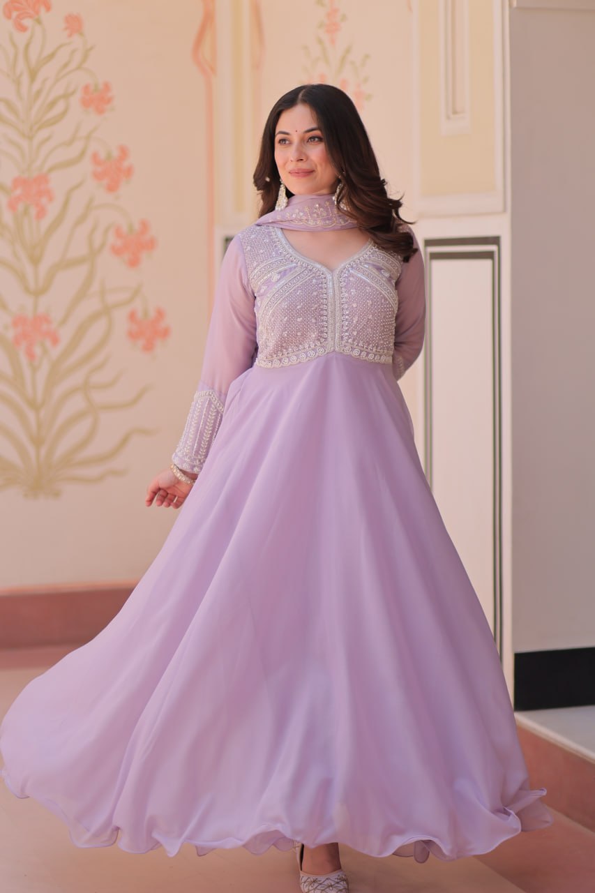Premium Star Georgette Embroidered Gown with Dupatta Set