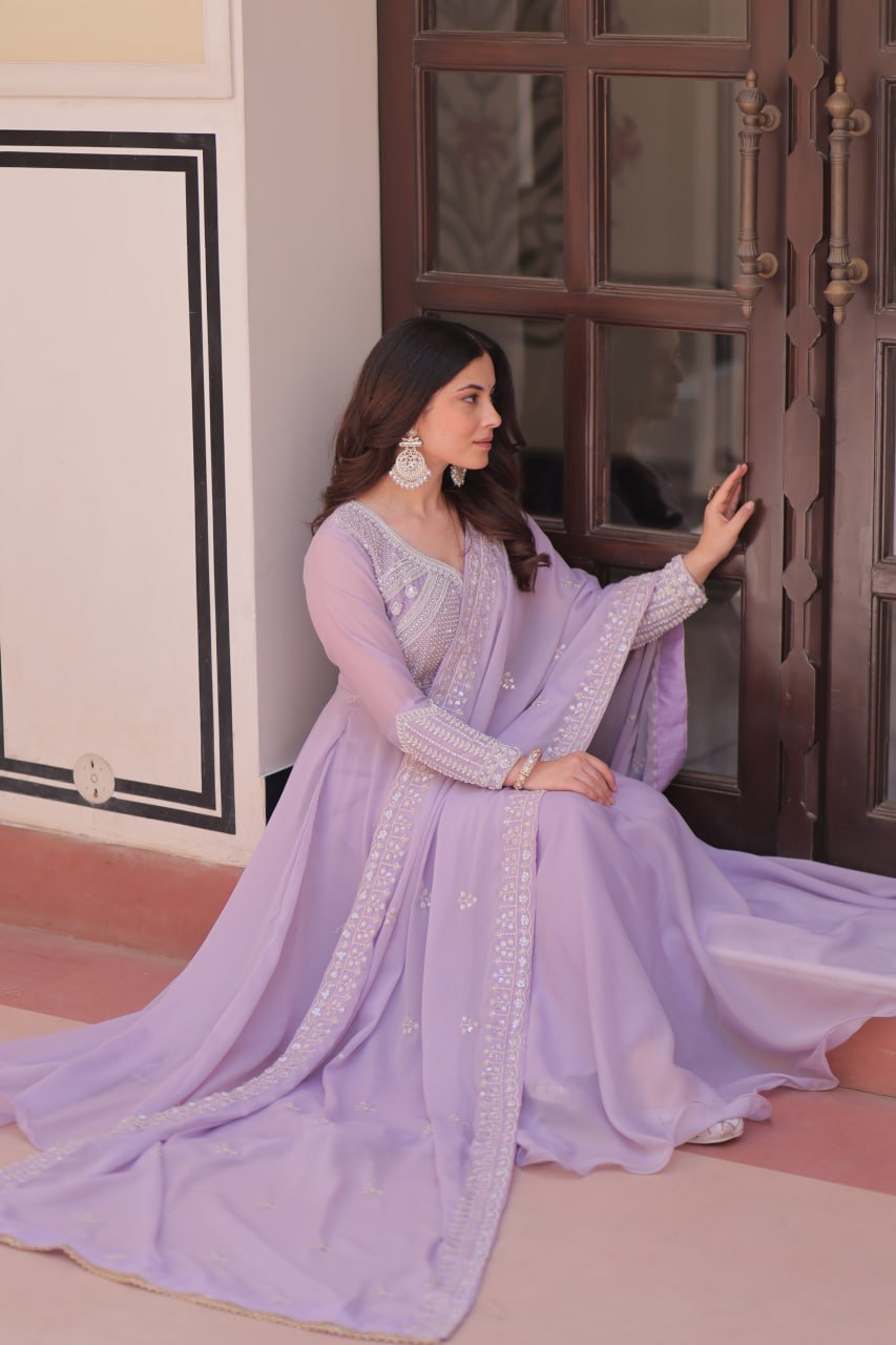 Premium Star Georgette Embroidered Gown with Dupatta Set