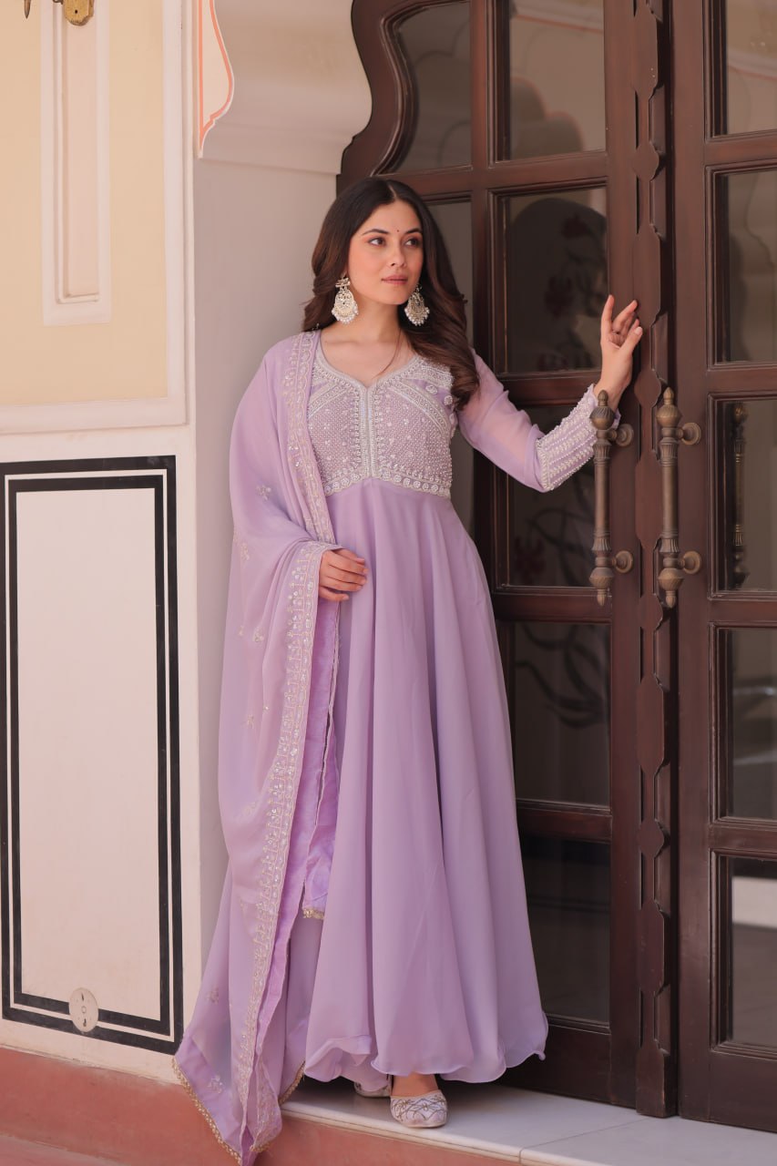 Premium Star Georgette Embroidered Gown with Dupatta Set