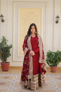 Premium Maroon Faux Blooming Embroidered Gown With Dupatta
