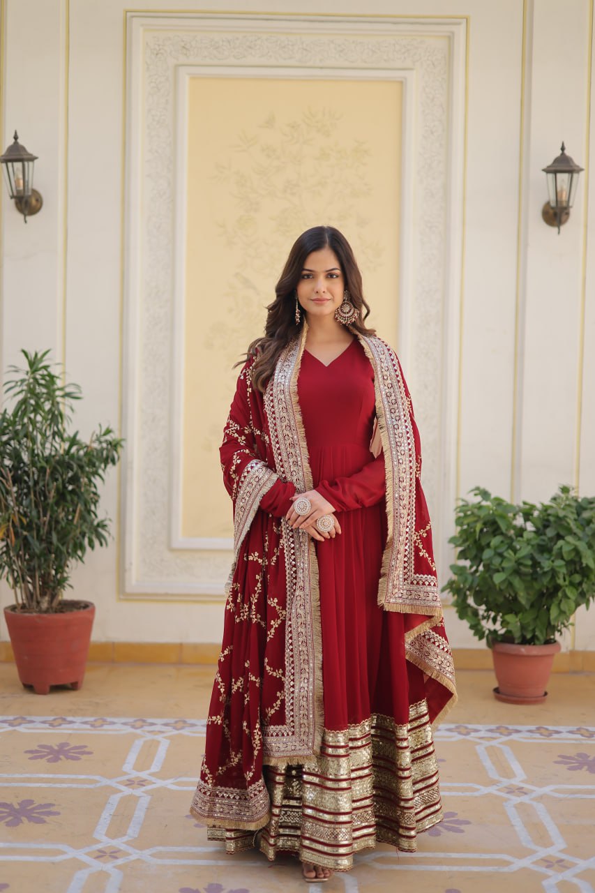 Premium Maroon Faux Blooming Embroidered Gown With Dupatta