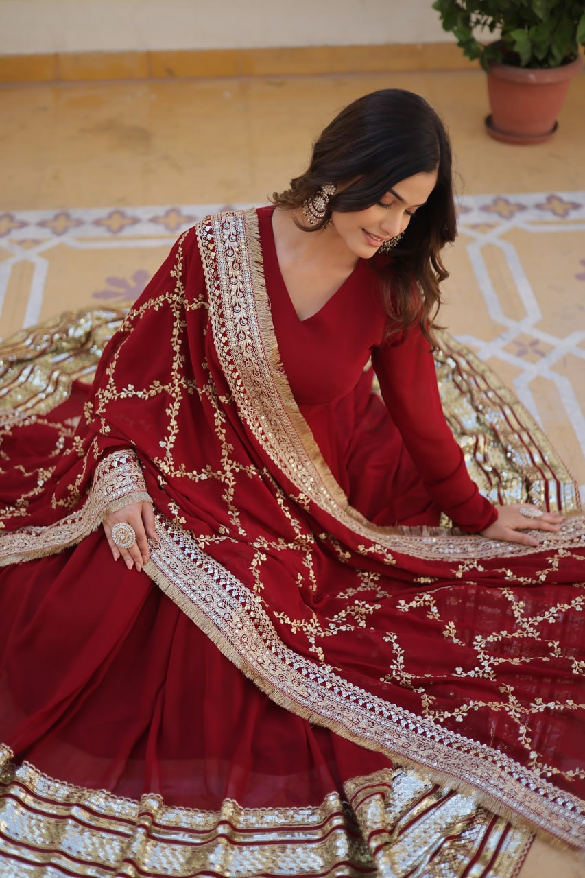 Premium Maroon Faux Blooming Embroidered Gown With Dupatta
