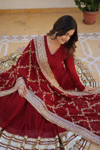 Premium Maroon Faux Blooming Embroidered Gown With Dupatta