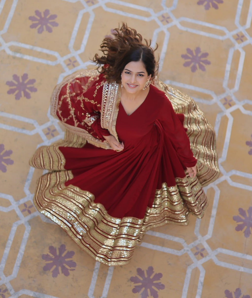 Premium Maroon Faux Blooming Embroidered Gown With Dupatta