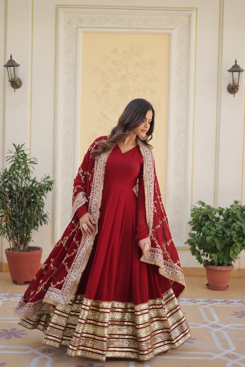 Premium Maroon Faux Blooming Embroidered Gown With Dupatta