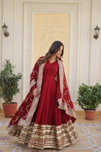 Premium Maroon Faux Blooming Embroidered Gown With Dupatta