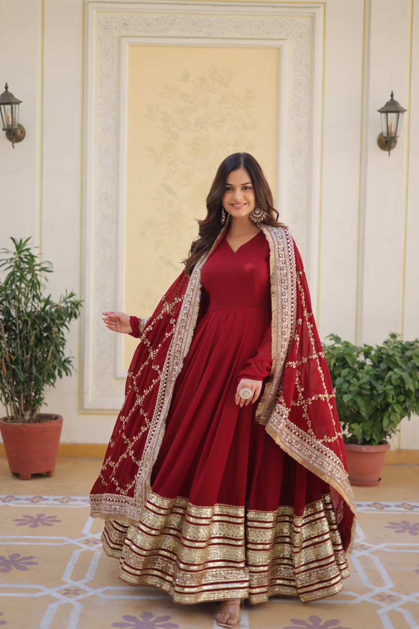 Premium Maroon Faux Blooming Embroidered Gown With Dupatta