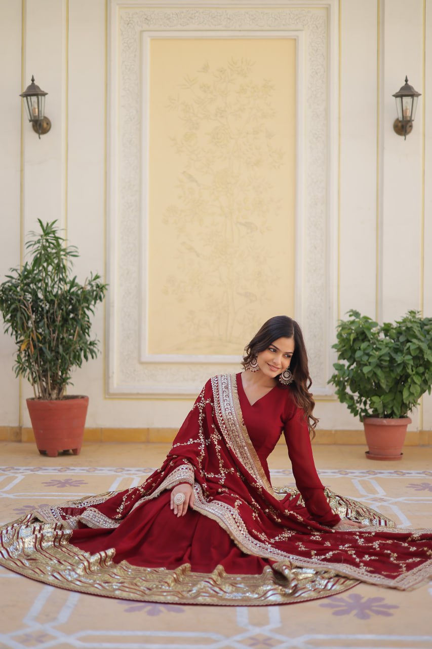 Premium Maroon Faux Blooming Embroidered Gown With Dupatta