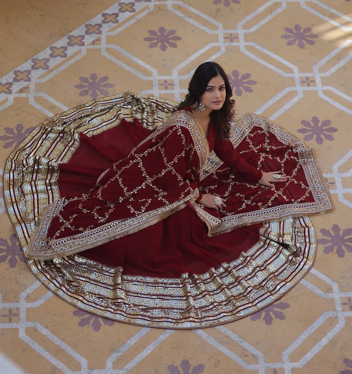 Premium Maroon Faux Blooming Embroidered Gown With Dupatta