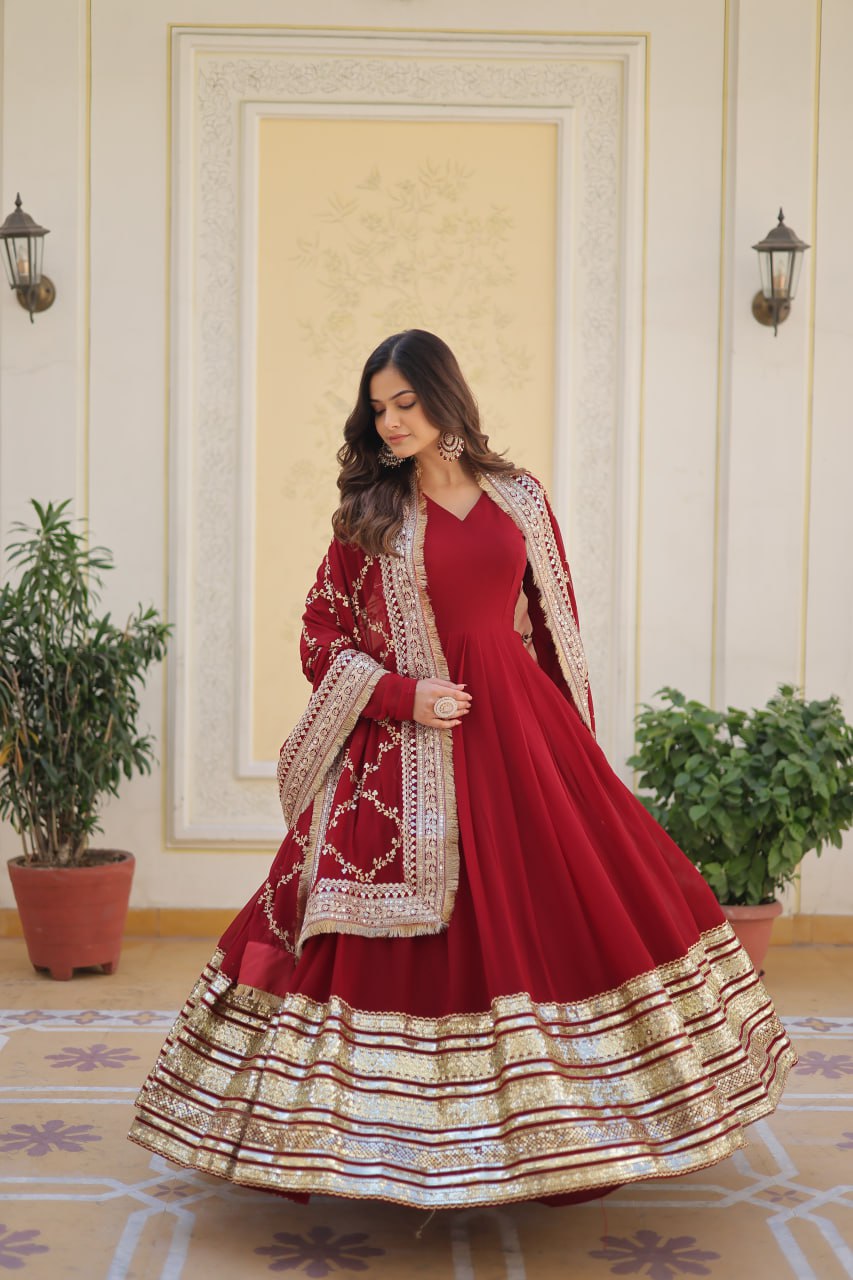 Premium Maroon Faux Blooming Embroidered Gown With Dupatta