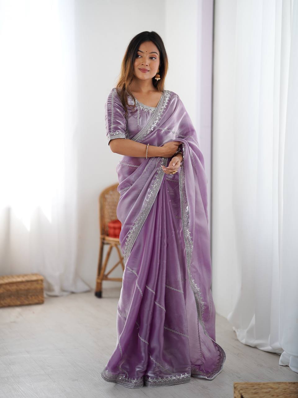 Premium Thread & Sequins Embroidered JMC Silk Saree