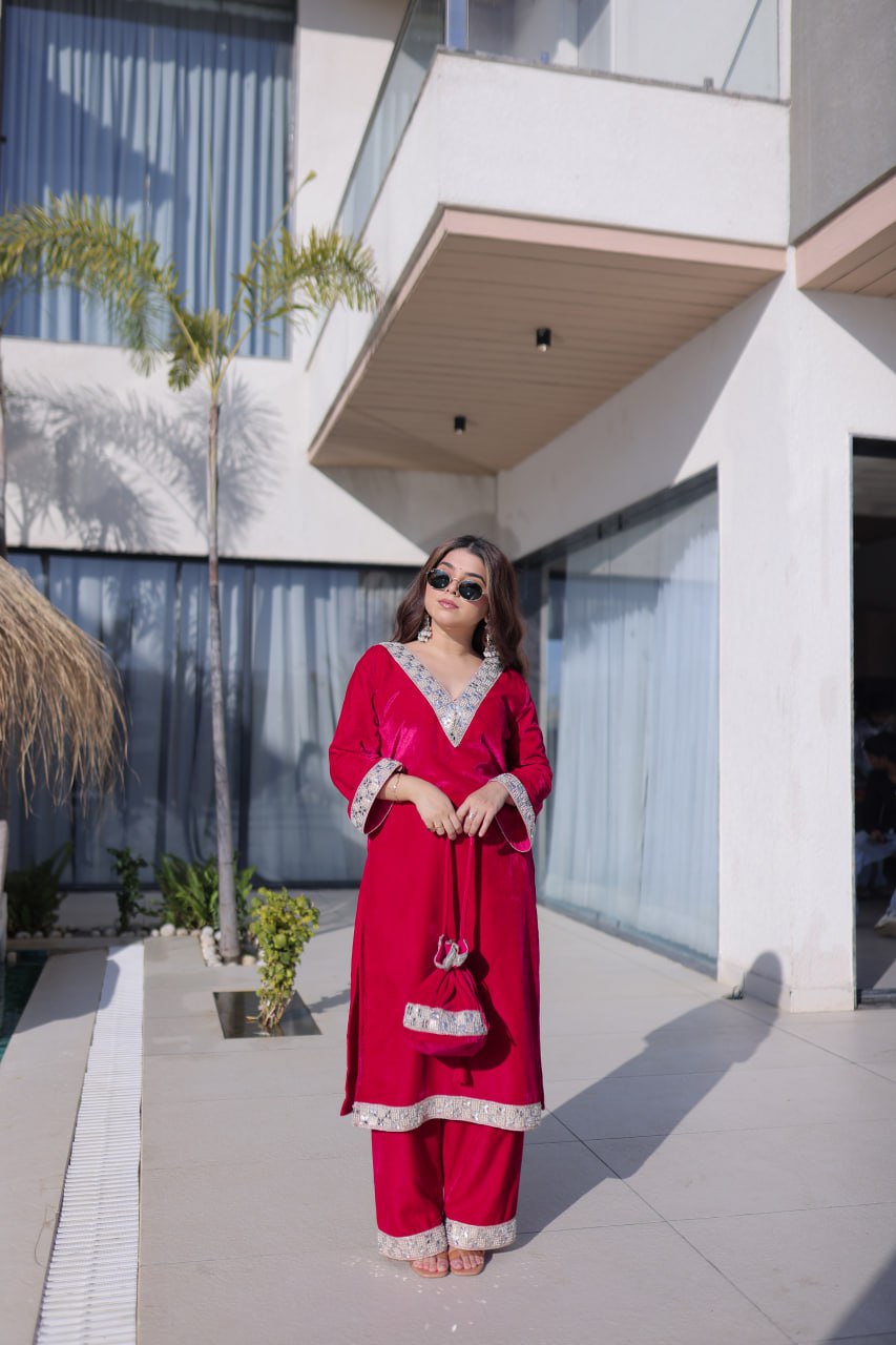 Premium Velvet Embroidered Top Pant Set with Batwa | Eid Wear Outfit