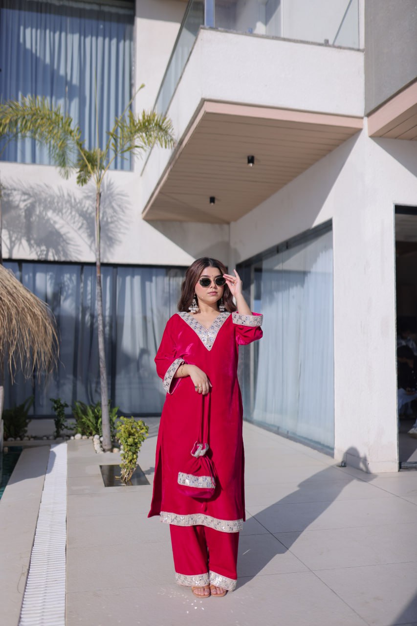 Premium Velvet Embroidered Top Pant Set with Batwa | Eid Wear Outfit