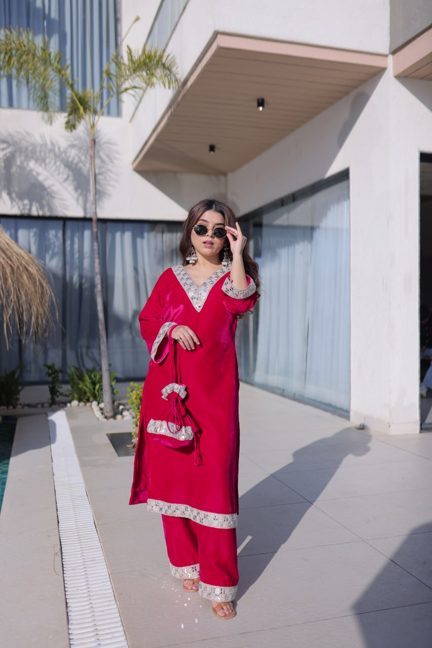 Premium Velvet Embroidered Top Pant Set with Batwa | Eid Wear Outfit