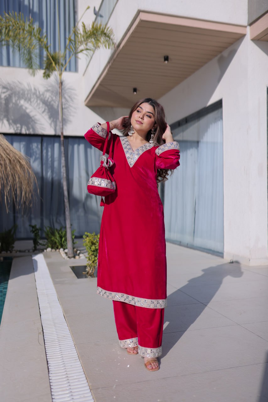 Premium Velvet Embroidered Top Pant Set with Batwa | Eid Wear Outfit