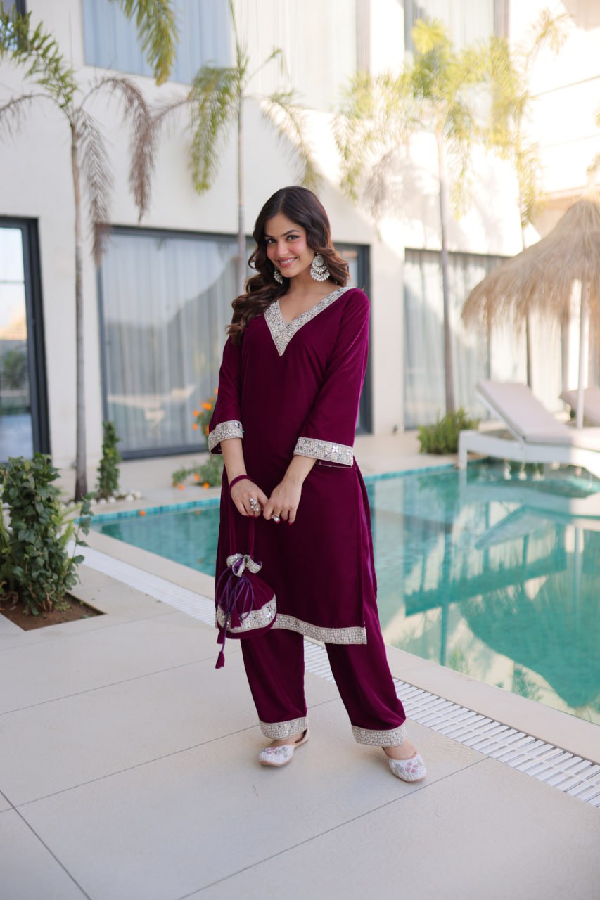 Premium Velvet Embroidered Top Pant Set with Batwa | Eid Wear Outfit