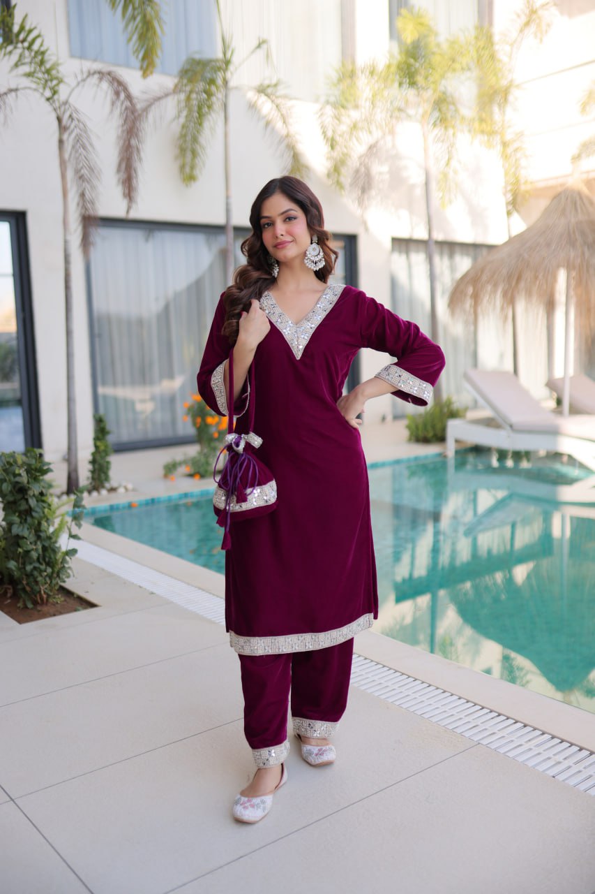 Premium Velvet Embroidered Top Pant Set with Batwa | Eid Wear Outfit