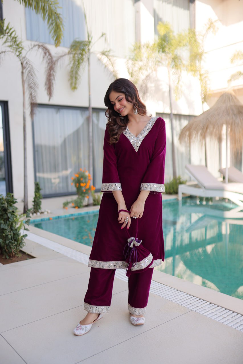 Premium Velvet Embroidered Top Pant Set with Batwa | Eid Wear Outfit