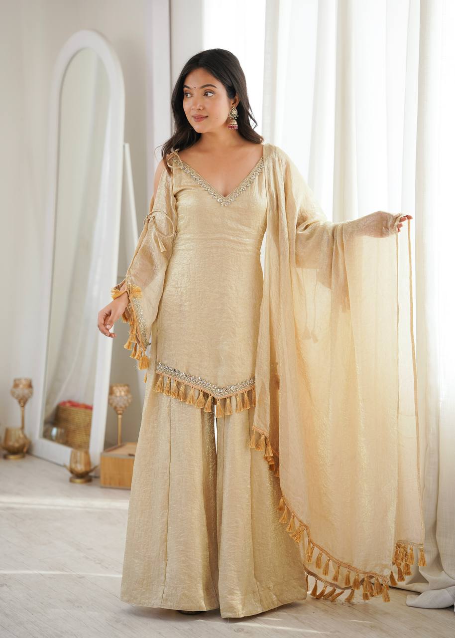 Doremon Crush Mirror Work Palazzo Suit Set with Tassel Dupatta
