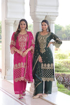 Premium Faux Blooming Embroidered Kurti Pant Dupatta Set