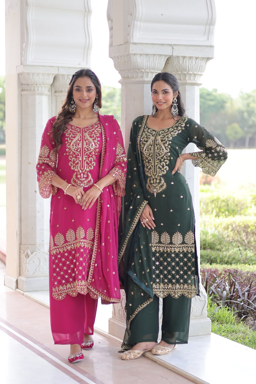 Premium Faux Blooming Embroidered Kurti Pant Dupatta Set