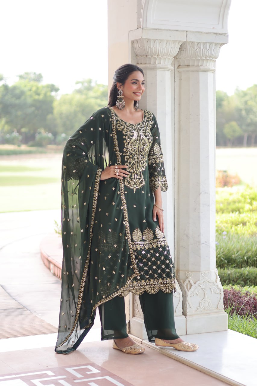 Premium Faux Blooming Embroidered Kurti Pant Dupatta Set