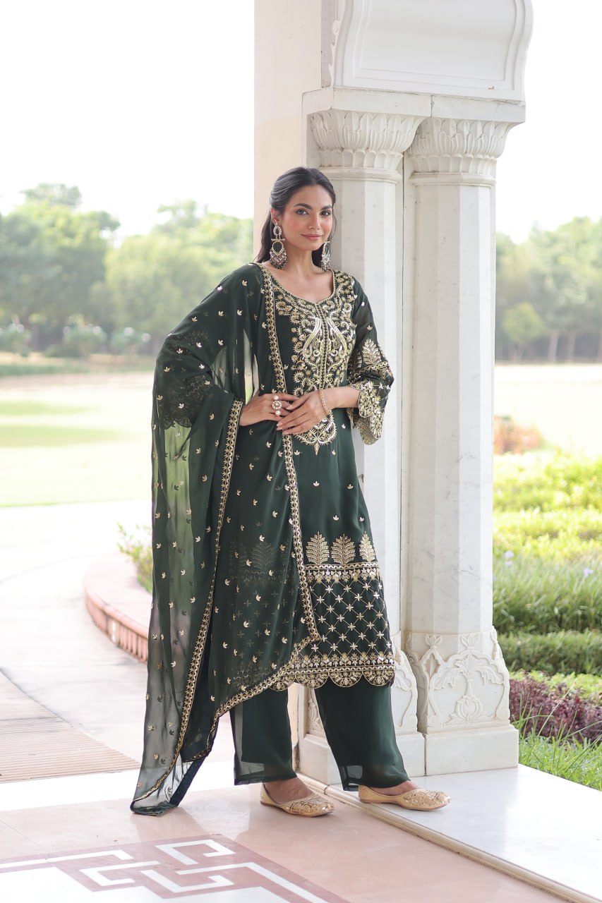 Premium Faux Blooming Embroidered Kurti Pant Dupatta Set