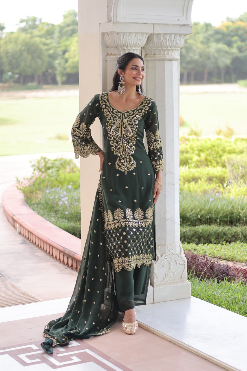 Premium Faux Blooming Embroidered Kurti Pant Dupatta Set