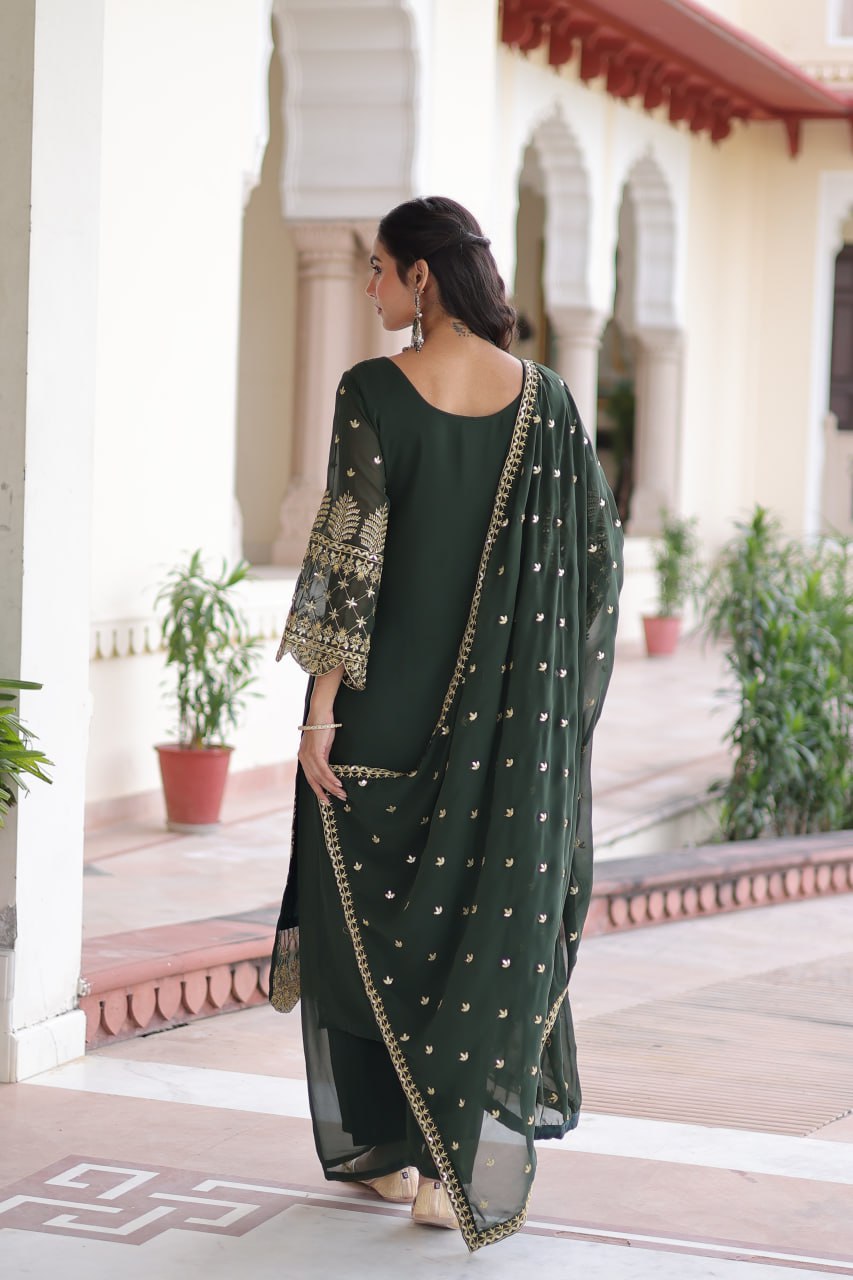 Premium Faux Blooming Embroidered Kurti Pant Dupatta Set