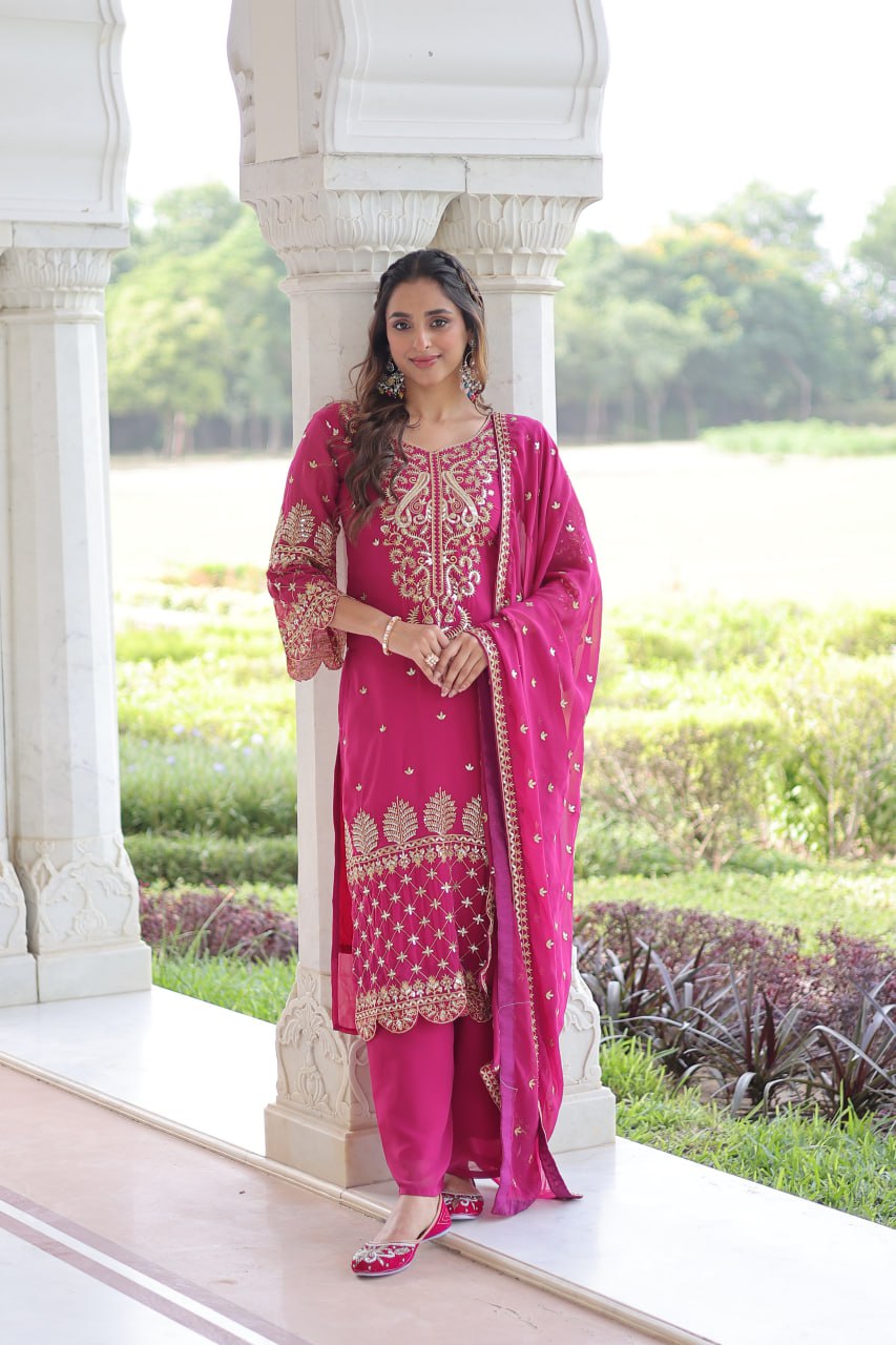 Premium Faux Blooming Embroidered Kurti Pant Dupatta Set