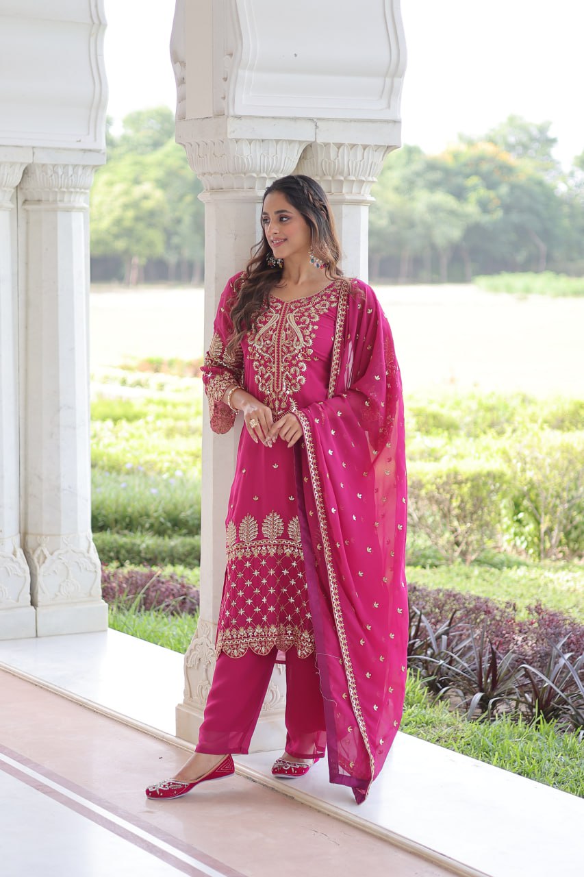 Premium Faux Blooming Embroidered Kurti Pant Dupatta Set