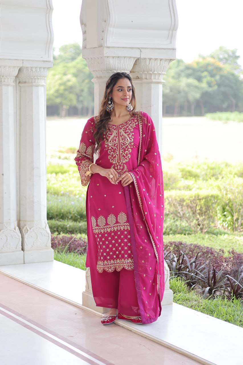Premium Faux Blooming Embroidered Kurti Pant Dupatta Set