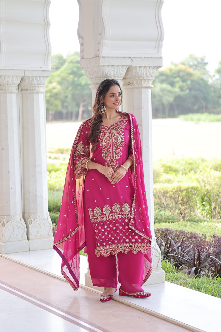 Premium Faux Blooming Embroidered Kurti Pant Dupatta Set
