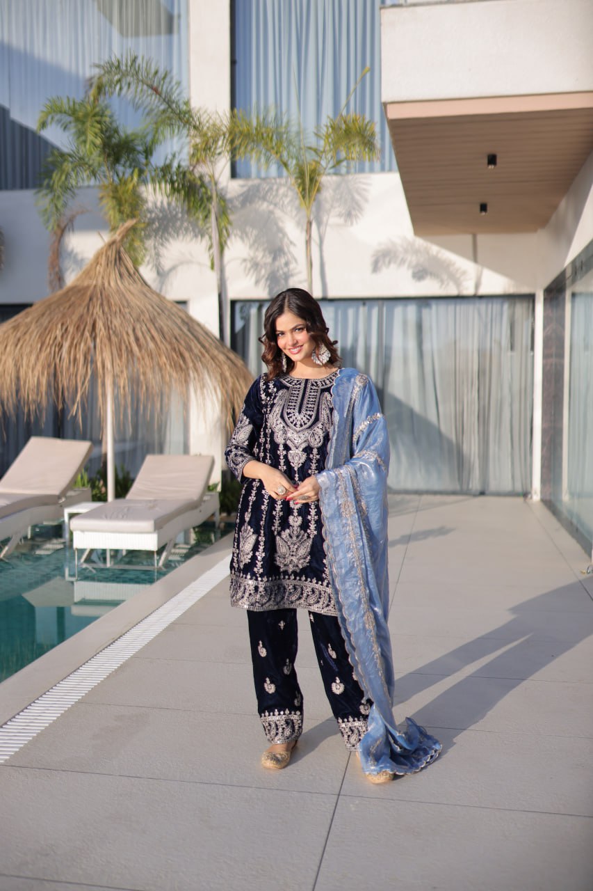 Premium Velvet Zari Embroidered Top Pant Dupatta Set