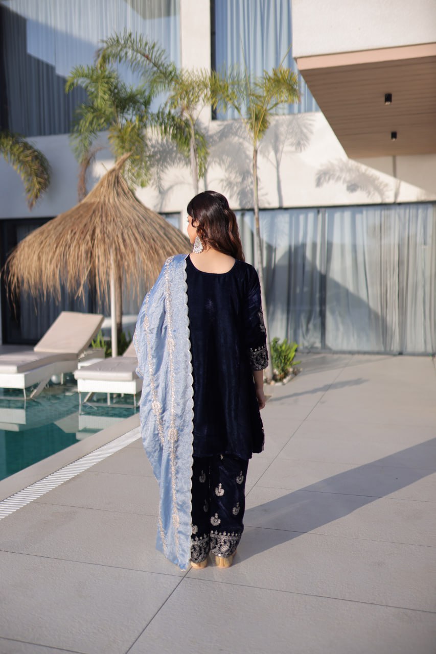 Premium Velvet Zari Embroidered Top Pant Dupatta Set