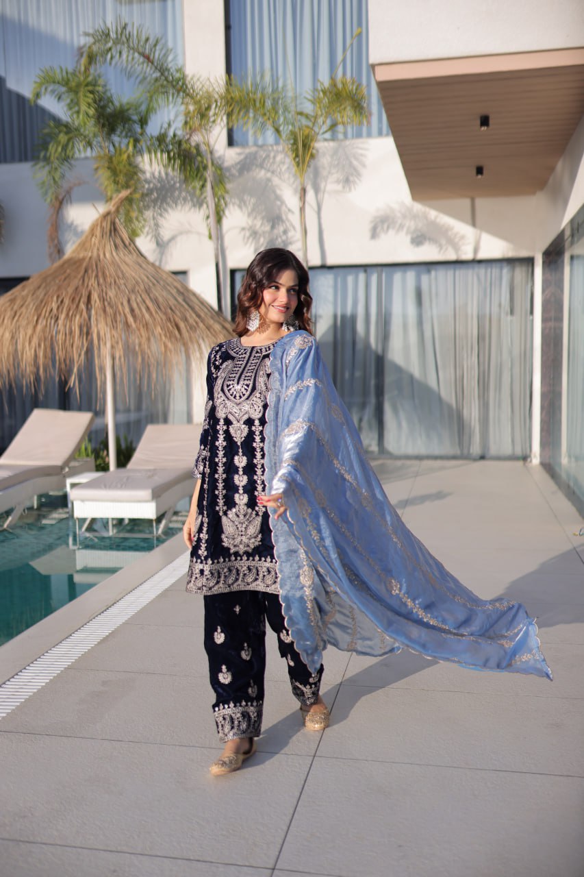Premium Velvet Zari Embroidered Top Pant Dupatta Set