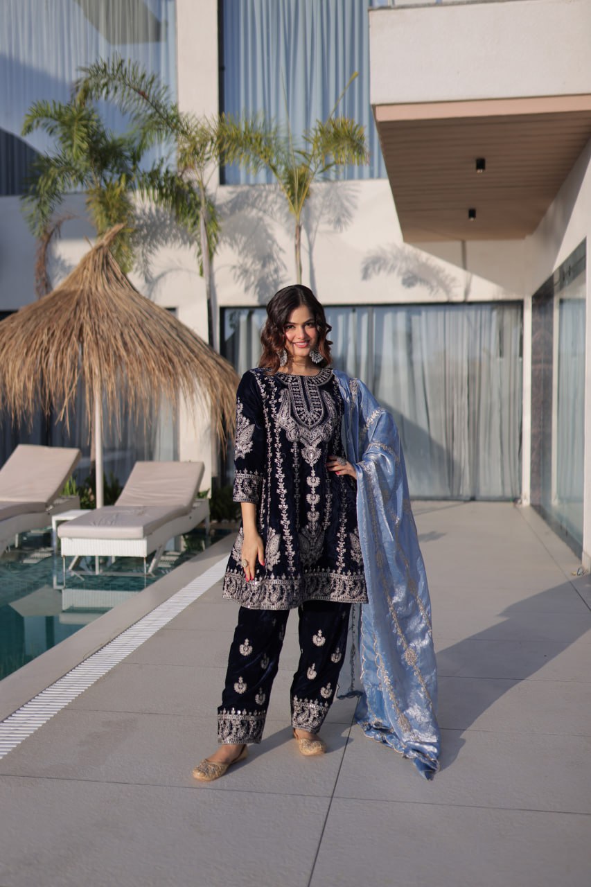 Premium Velvet Zari Embroidered Top Pant Dupatta Set