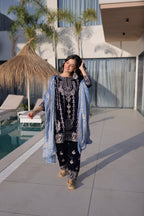 Premium Velvet Zari Embroidered Top Pant Dupatta Set