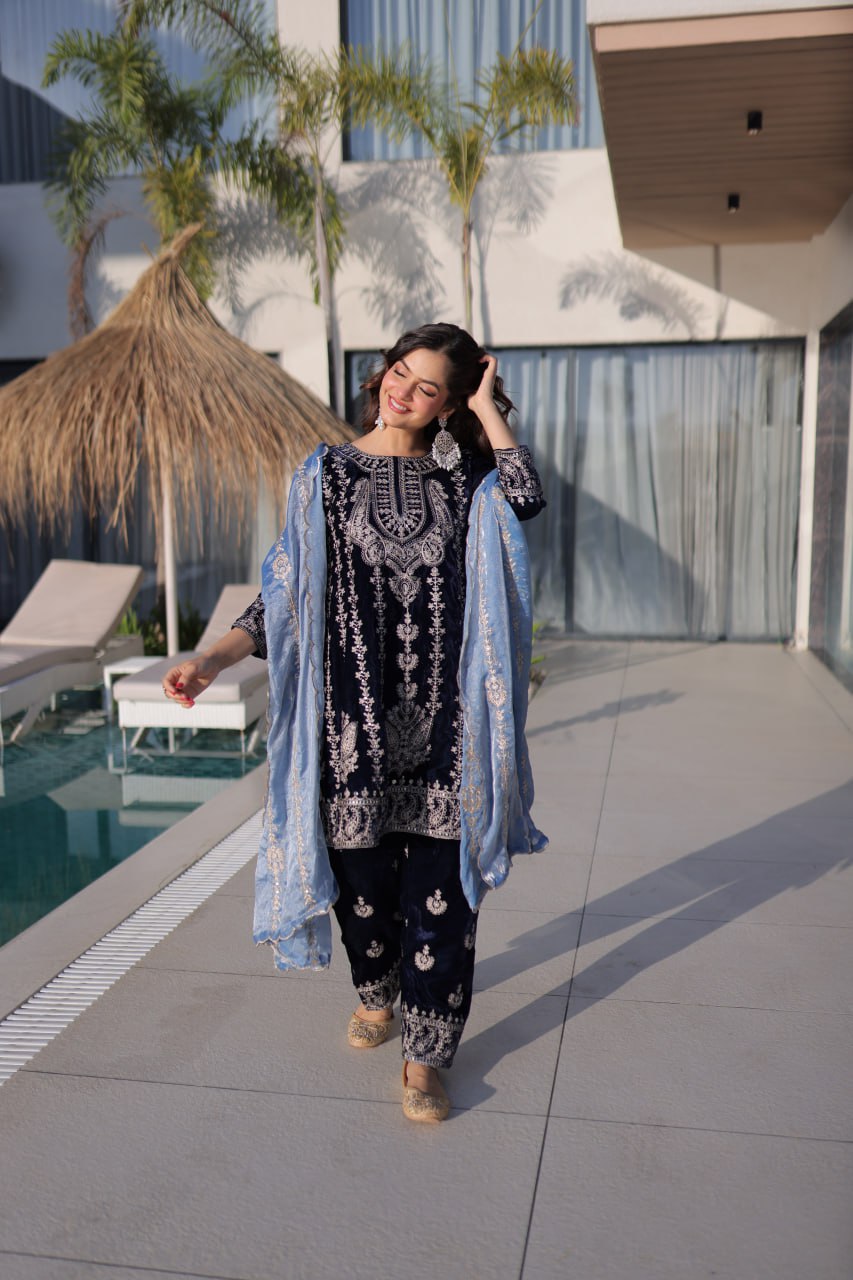 Premium Velvet Zari Embroidered Top Pant Dupatta Set