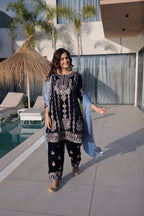 Premium Velvet Zari Embroidered Top Pant Dupatta Set