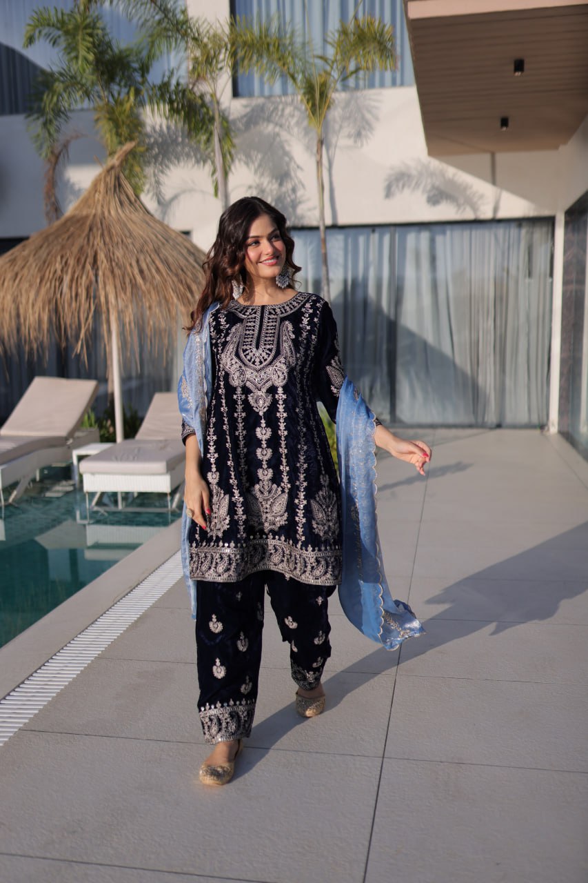 Premium Velvet Zari Embroidered Top Pant Dupatta Set