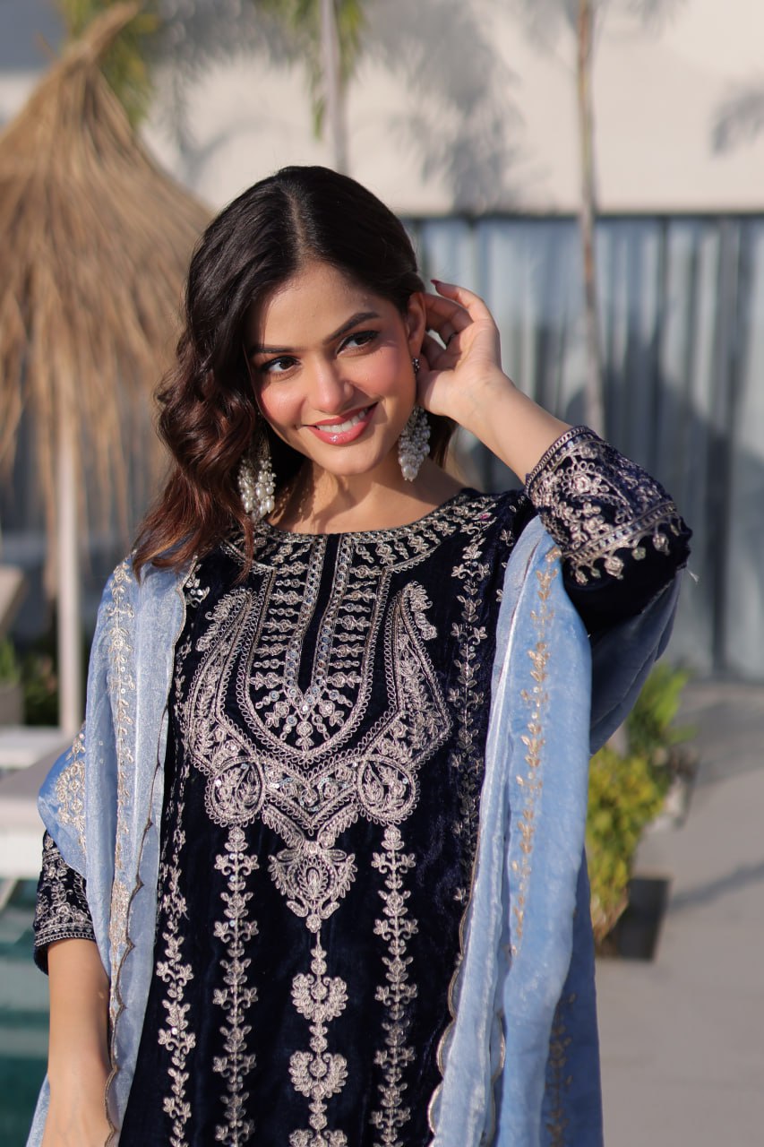 Premium Velvet Zari Embroidered Top Pant Dupatta Set