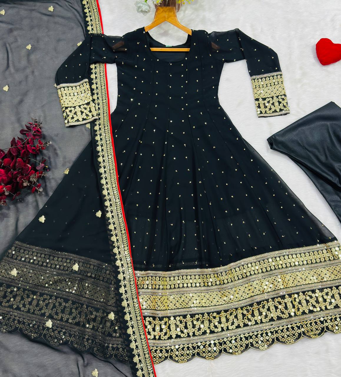 Black Celebrity Style Embroidered Anarkali Set