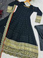 Black Celebrity Style Embroidered Anarkali Set