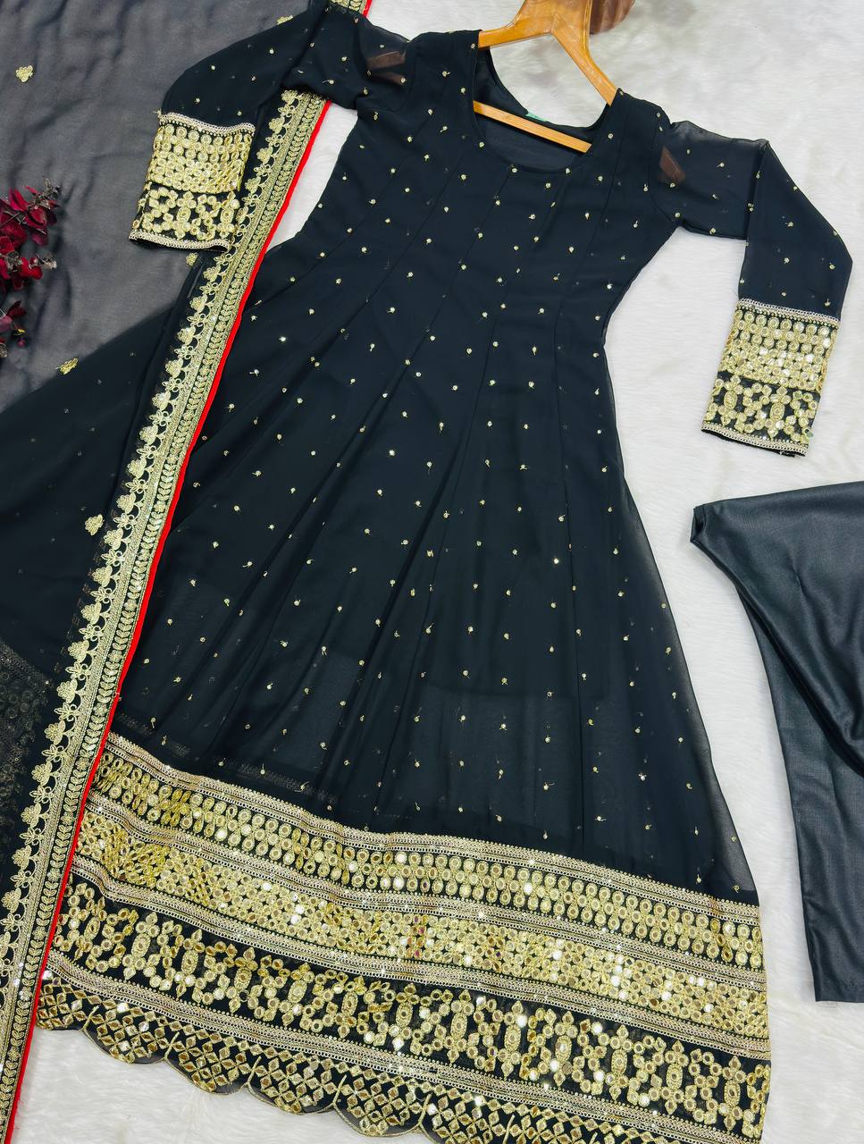 Black Celebrity Style Embroidered Anarkali Set